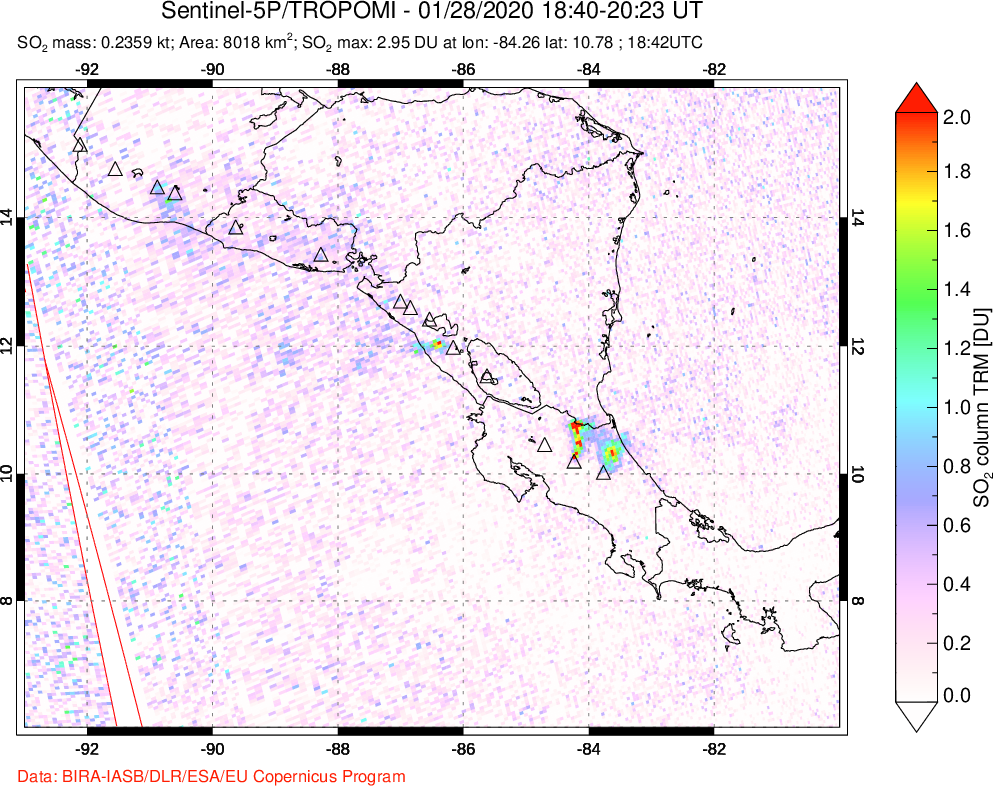 A sulfur dioxide image over Central America on Jan 28, 2020.