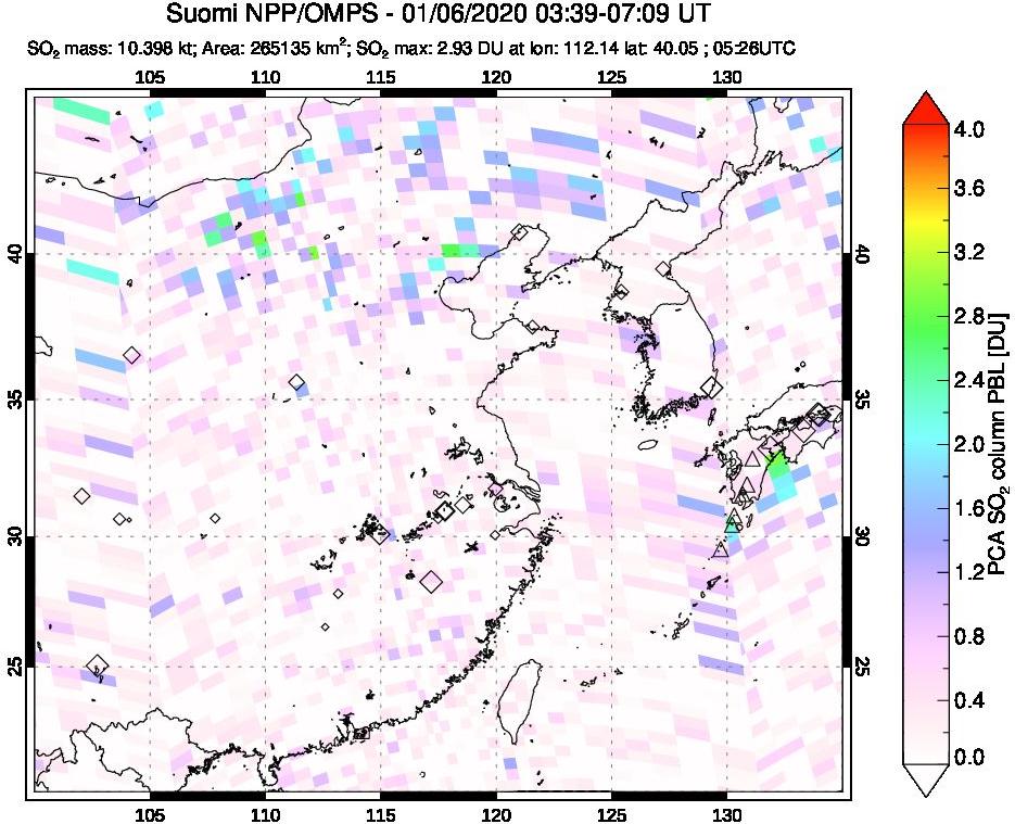 A sulfur dioxide image over Eastern China on Jan 06, 2020.