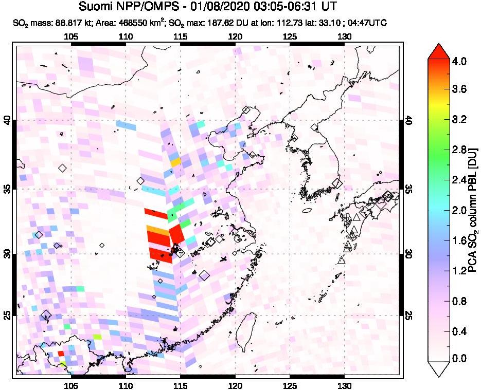 A sulfur dioxide image over Eastern China on Jan 08, 2020.