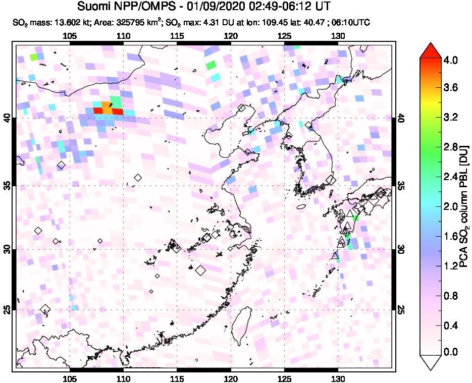 A sulfur dioxide image over Eastern China on Jan 09, 2020.