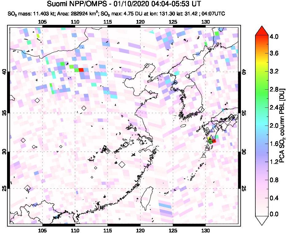 A sulfur dioxide image over Eastern China on Jan 10, 2020.