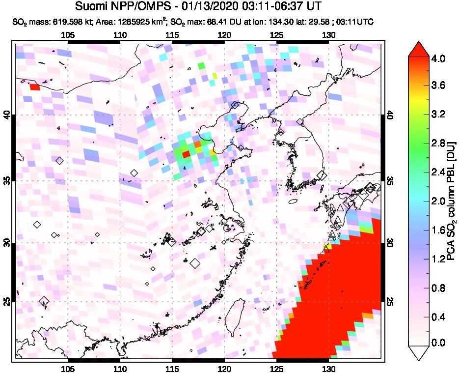 A sulfur dioxide image over Eastern China on Jan 13, 2020.