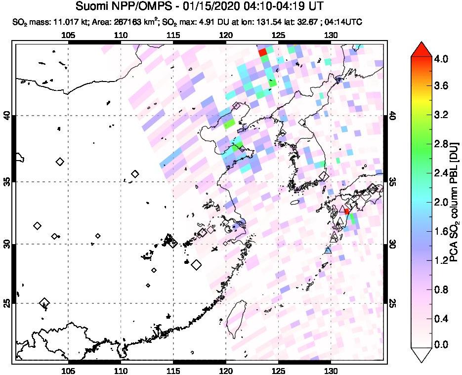 A sulfur dioxide image over Eastern China on Jan 15, 2020.