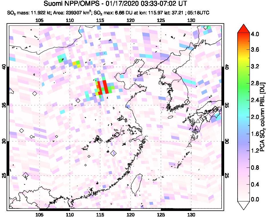 A sulfur dioxide image over Eastern China on Jan 17, 2020.