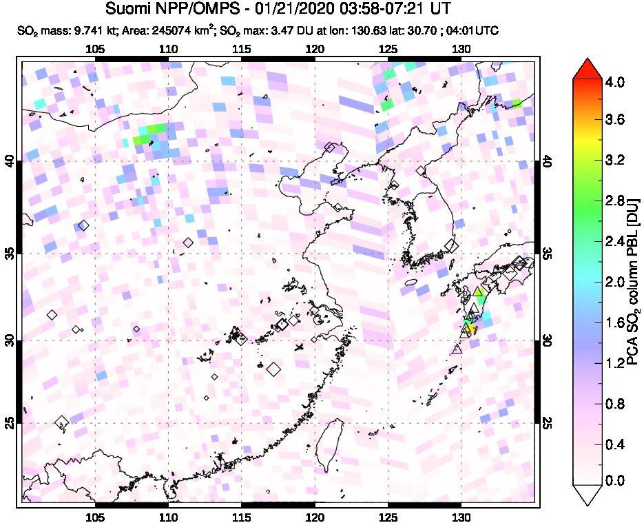 A sulfur dioxide image over Eastern China on Jan 21, 2020.