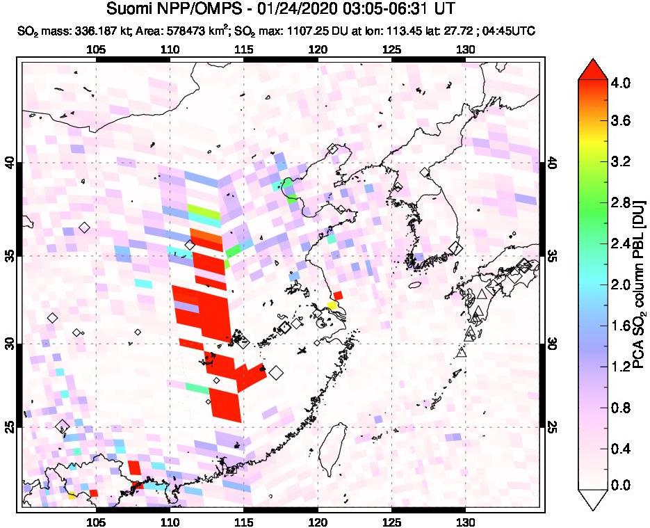 A sulfur dioxide image over Eastern China on Jan 24, 2020.
