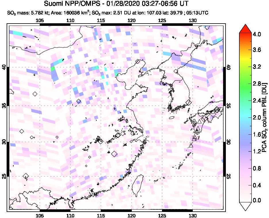 A sulfur dioxide image over Eastern China on Jan 28, 2020.