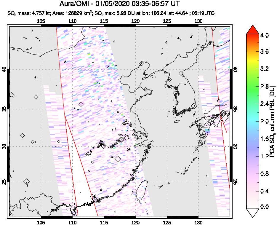 A sulfur dioxide image over Eastern China on Jan 05, 2020.