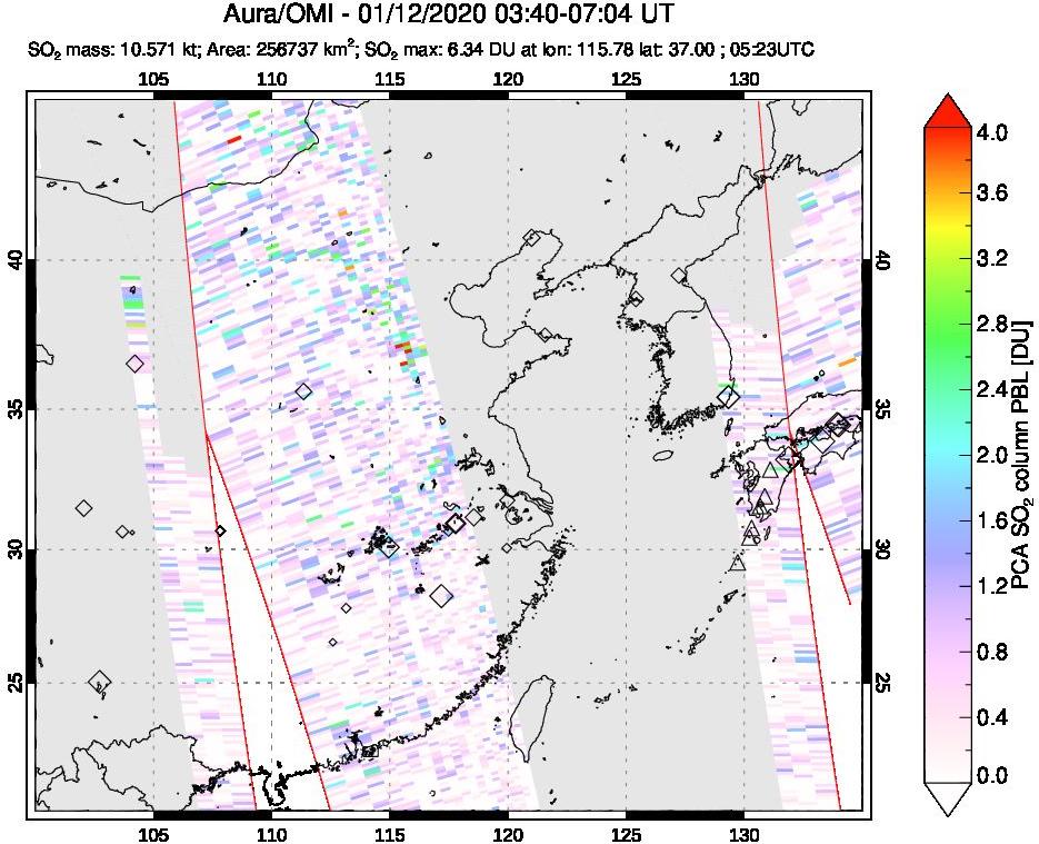 A sulfur dioxide image over Eastern China on Jan 12, 2020.