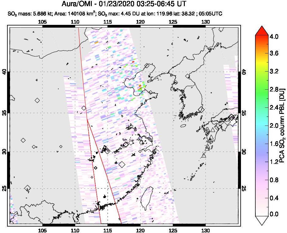 A sulfur dioxide image over Eastern China on Jan 23, 2020.