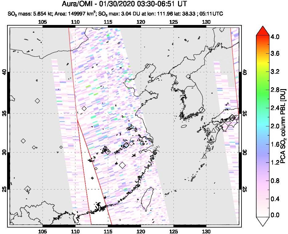 A sulfur dioxide image over Eastern China on Jan 30, 2020.