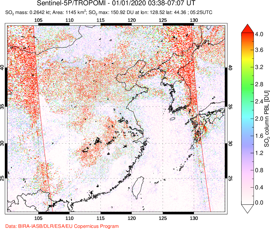 A sulfur dioxide image over Eastern China on Jan 01, 2020.