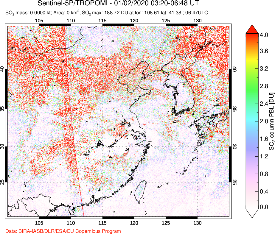 A sulfur dioxide image over Eastern China on Jan 02, 2020.