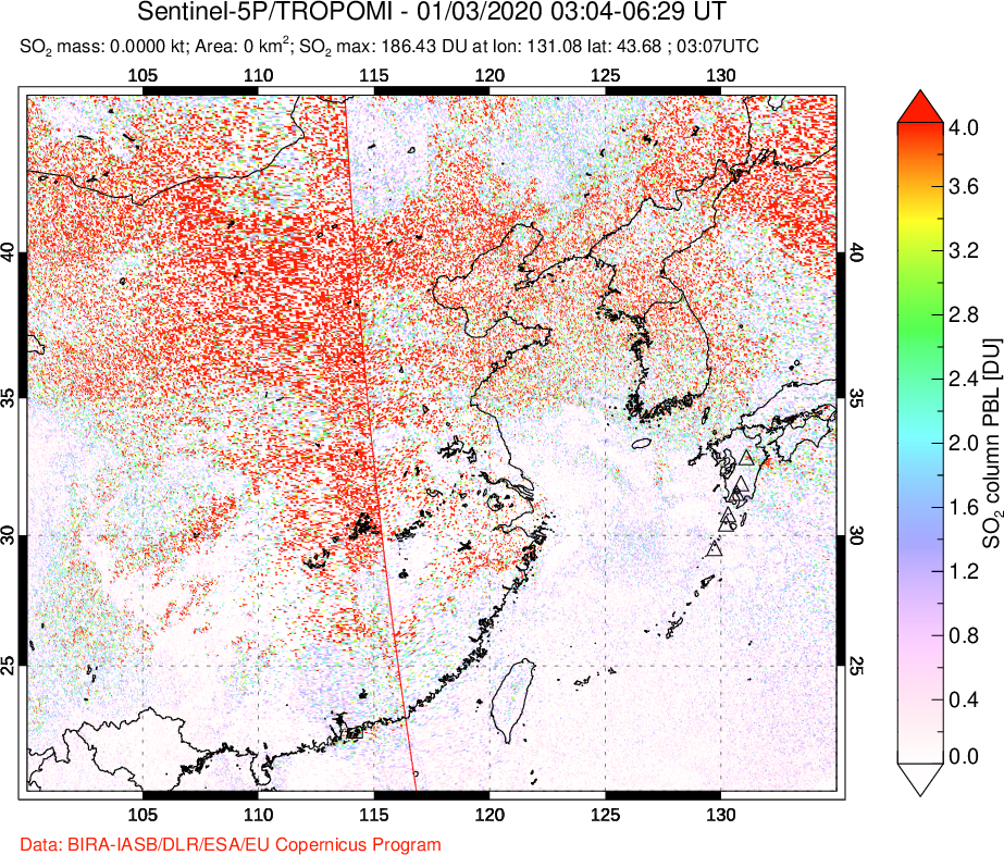 A sulfur dioxide image over Eastern China on Jan 03, 2020.