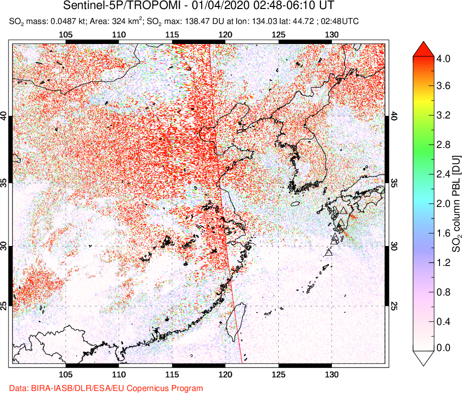 A sulfur dioxide image over Eastern China on Jan 04, 2020.