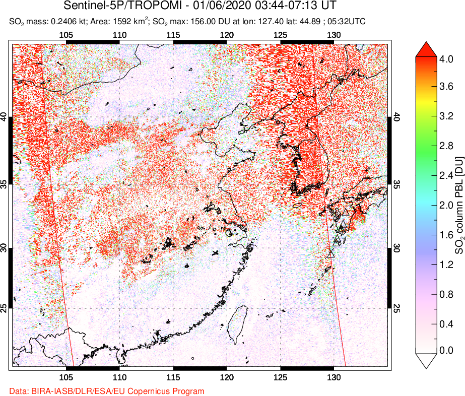 A sulfur dioxide image over Eastern China on Jan 06, 2020.