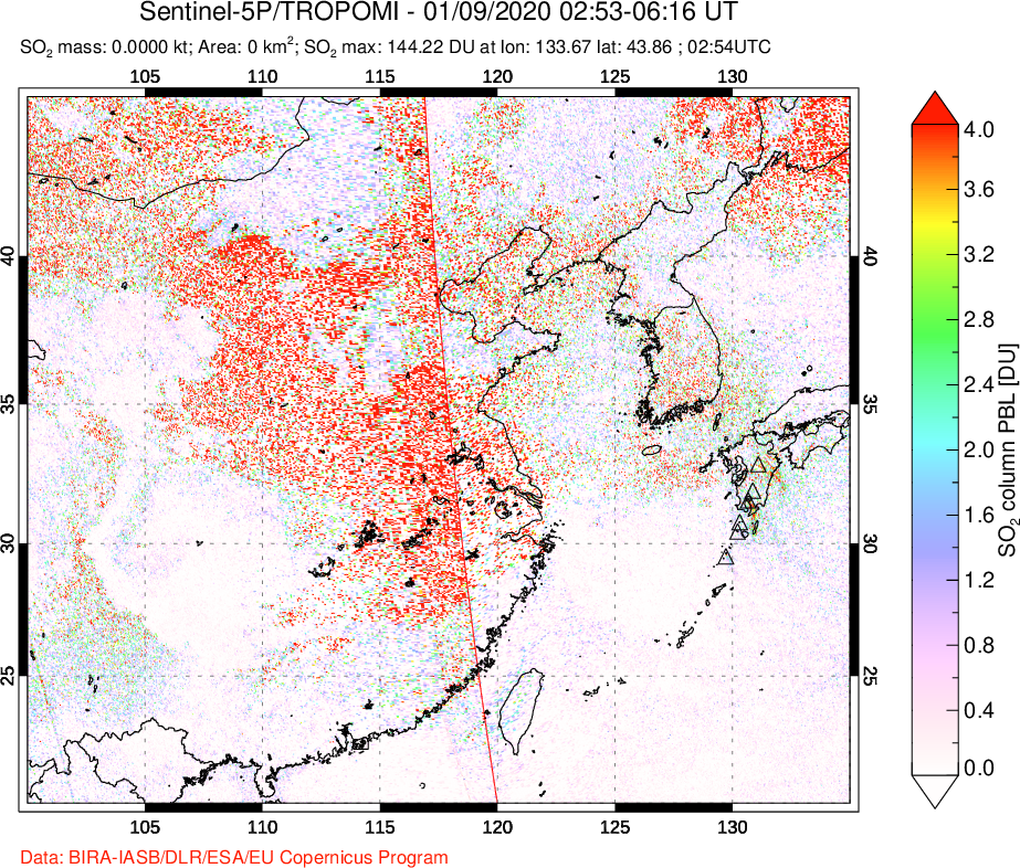 A sulfur dioxide image over Eastern China on Jan 09, 2020.