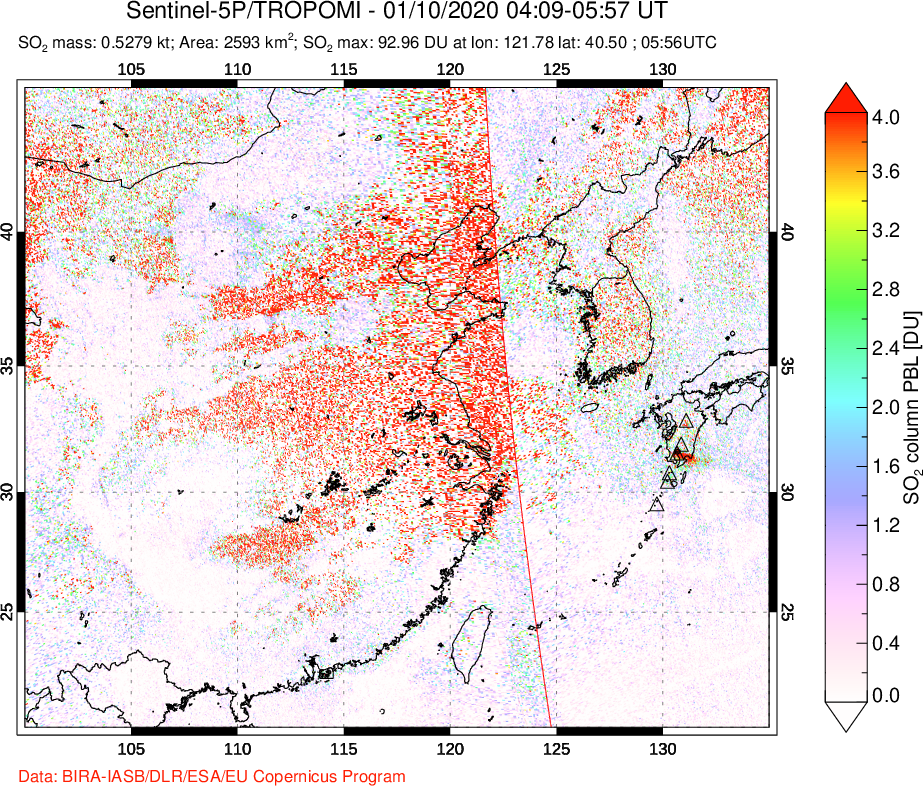 A sulfur dioxide image over Eastern China on Jan 10, 2020.