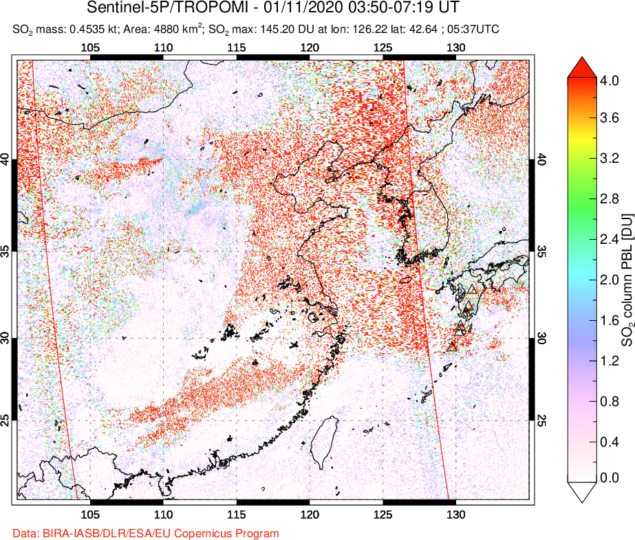 A sulfur dioxide image over Eastern China on Jan 11, 2020.