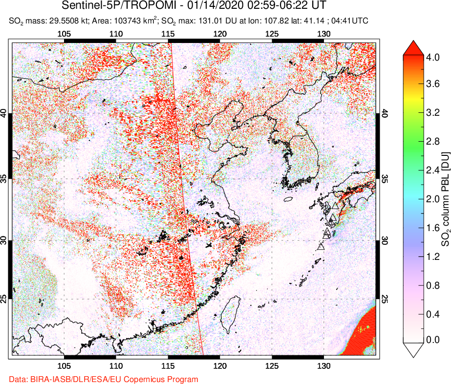 A sulfur dioxide image over Eastern China on Jan 14, 2020.
