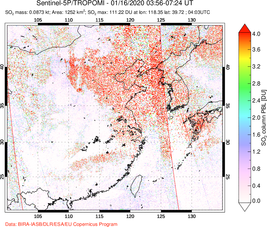 A sulfur dioxide image over Eastern China on Jan 16, 2020.