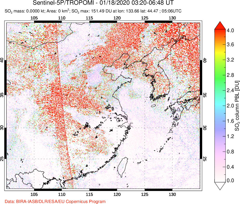 A sulfur dioxide image over Eastern China on Jan 18, 2020.