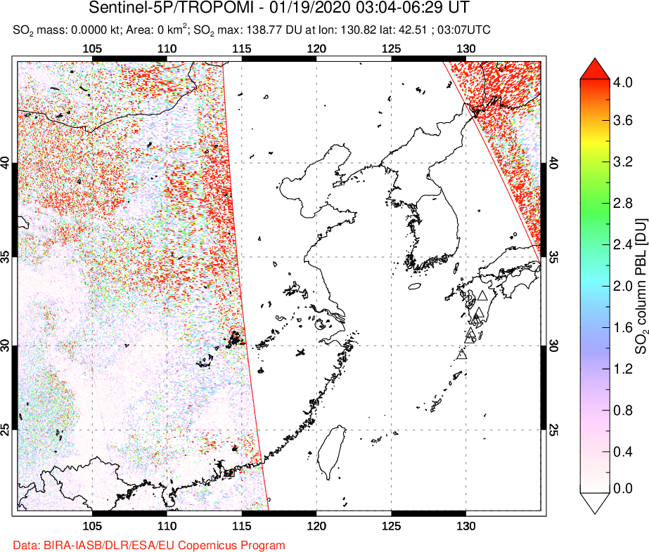 A sulfur dioxide image over Eastern China on Jan 19, 2020.