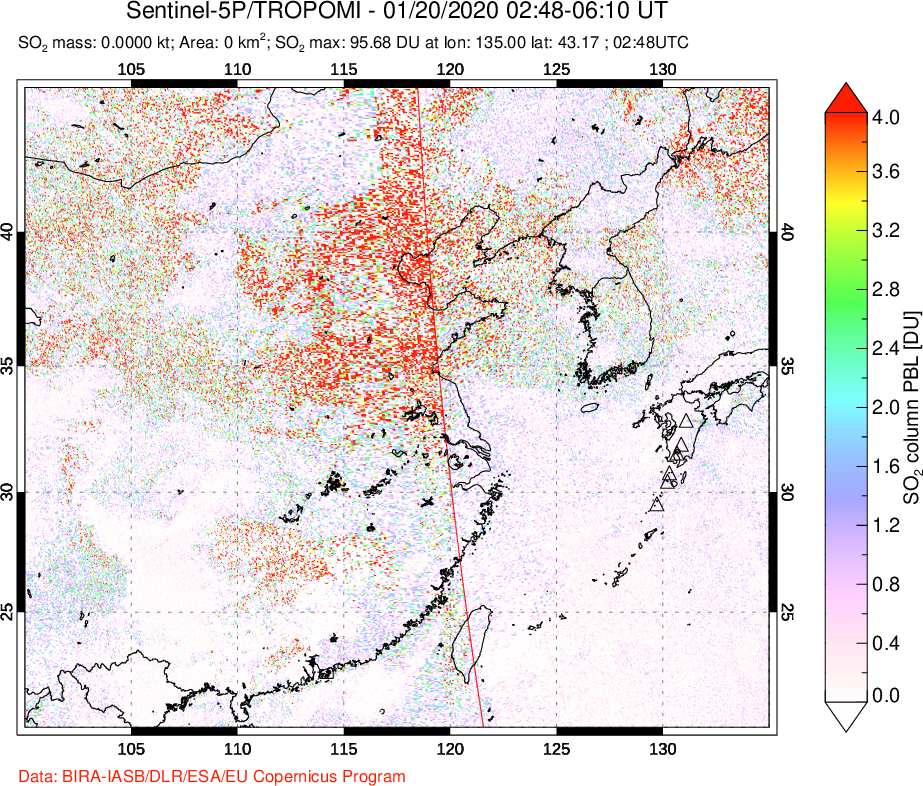 A sulfur dioxide image over Eastern China on Jan 20, 2020.