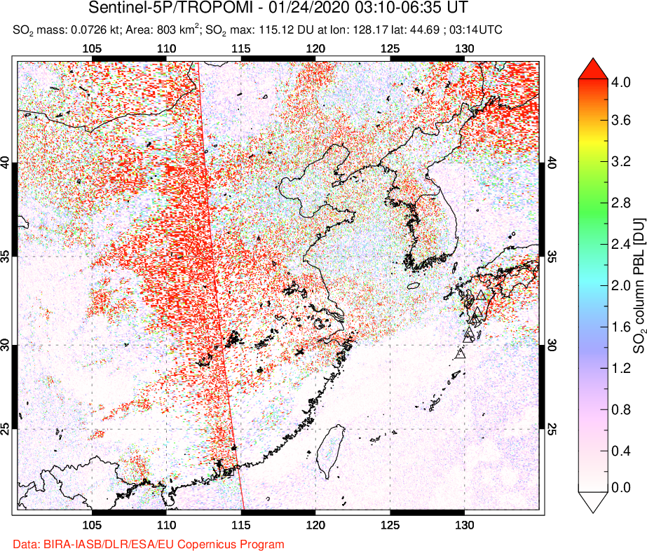 A sulfur dioxide image over Eastern China on Jan 24, 2020.