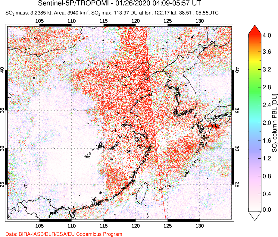 A sulfur dioxide image over Eastern China on Jan 26, 2020.