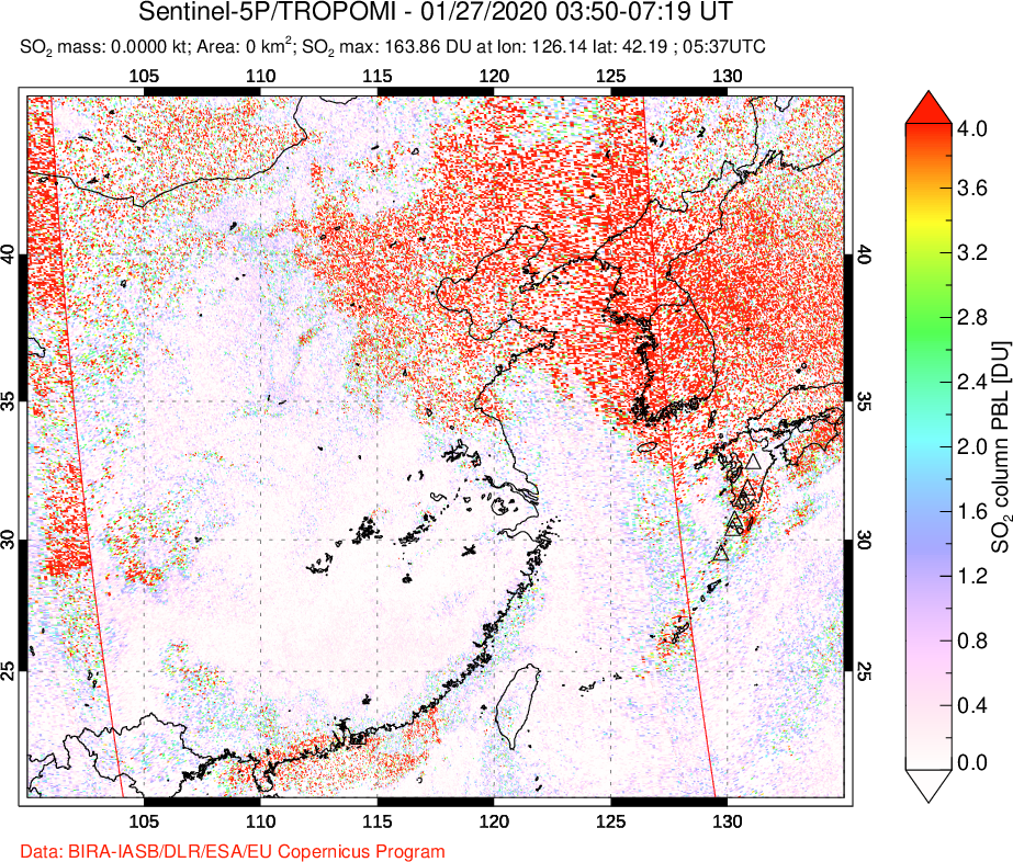 A sulfur dioxide image over Eastern China on Jan 27, 2020.