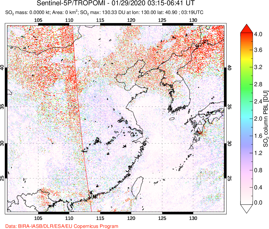 A sulfur dioxide image over Eastern China on Jan 29, 2020.