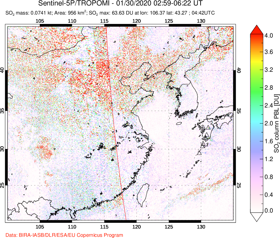 A sulfur dioxide image over Eastern China on Jan 30, 2020.