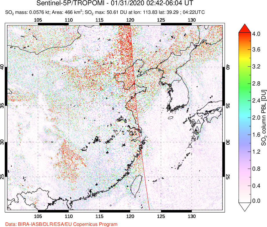 A sulfur dioxide image over Eastern China on Jan 31, 2020.