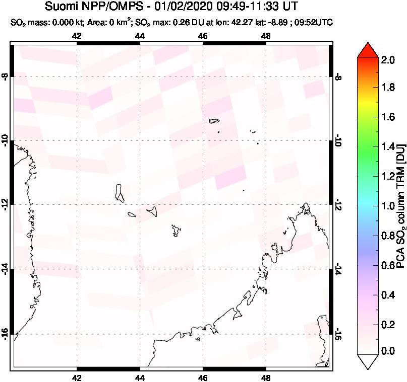 A sulfur dioxide image over Comoro Islands on Jan 02, 2020.