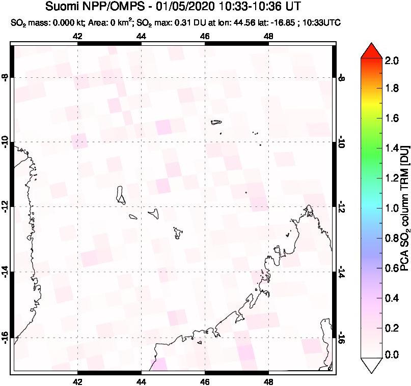 A sulfur dioxide image over Comoro Islands on Jan 05, 2020.