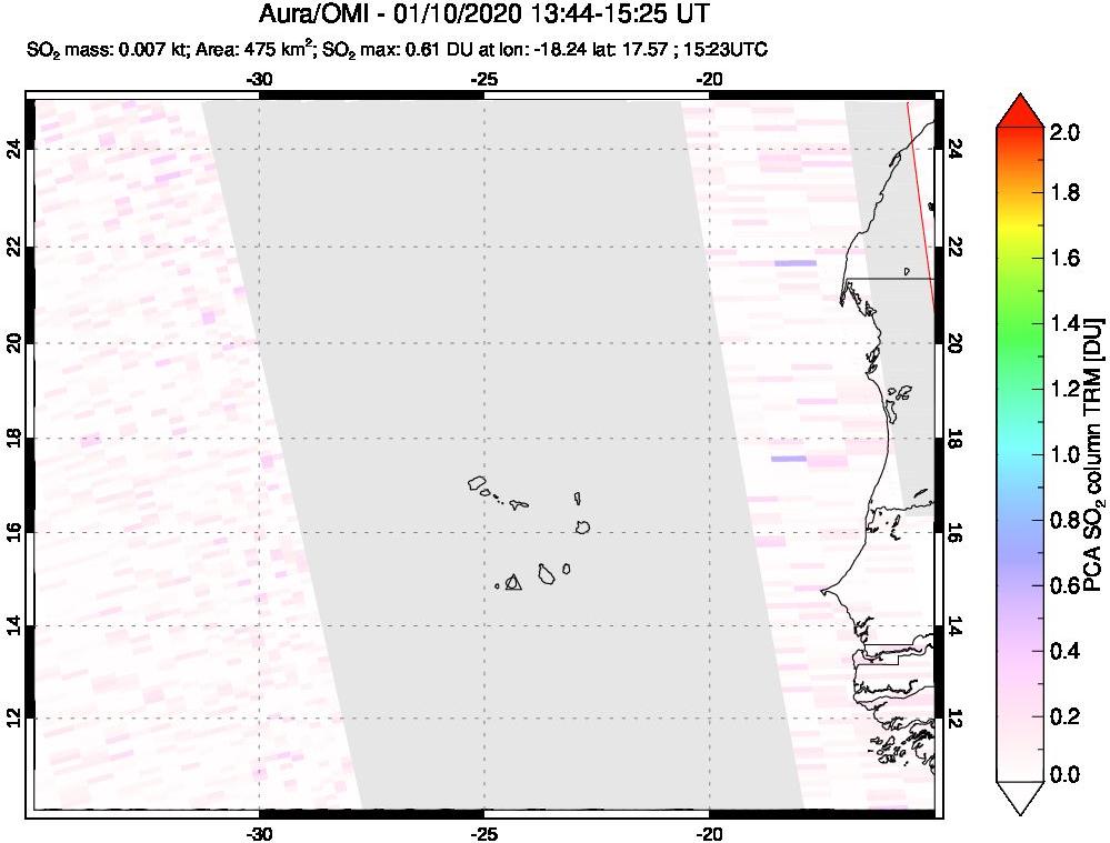 A sulfur dioxide image over Cape Verde Islands on Jan 10, 2020.