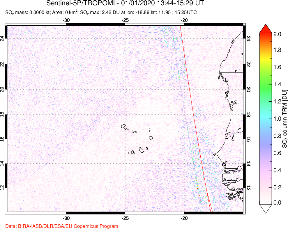 A sulfur dioxide image over Cape Verde Islands on Jan 01, 2020.