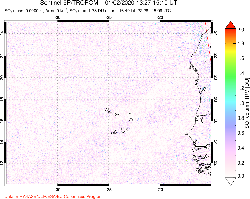 A sulfur dioxide image over Cape Verde Islands on Jan 02, 2020.