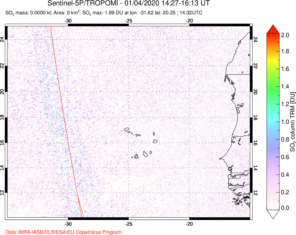 A sulfur dioxide image over Cape Verde Islands on Jan 04, 2020.