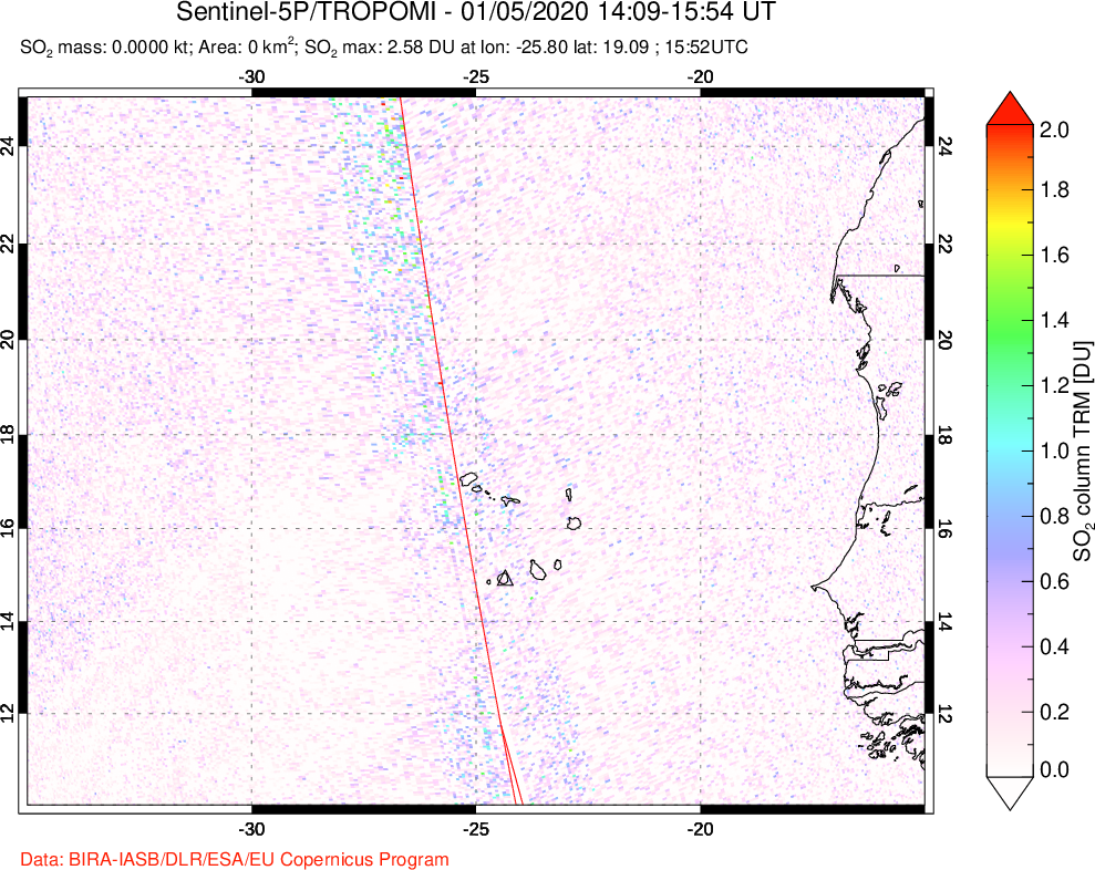 A sulfur dioxide image over Cape Verde Islands on Jan 05, 2020.