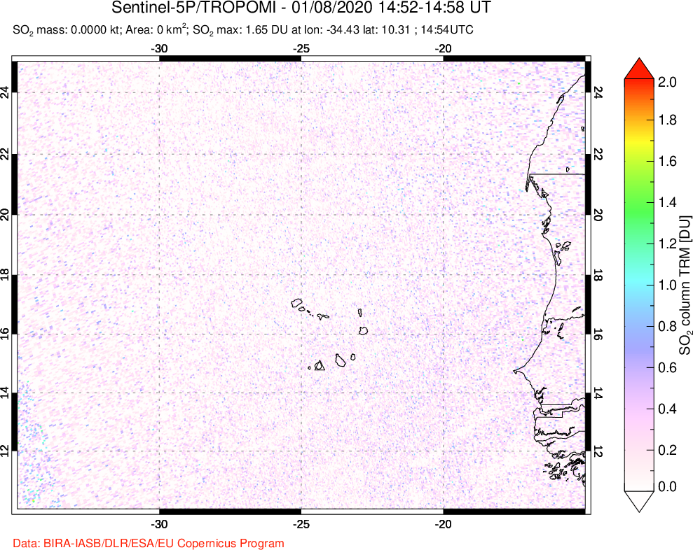 A sulfur dioxide image over Cape Verde Islands on Jan 08, 2020.