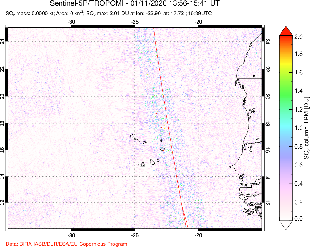 A sulfur dioxide image over Cape Verde Islands on Jan 11, 2020.