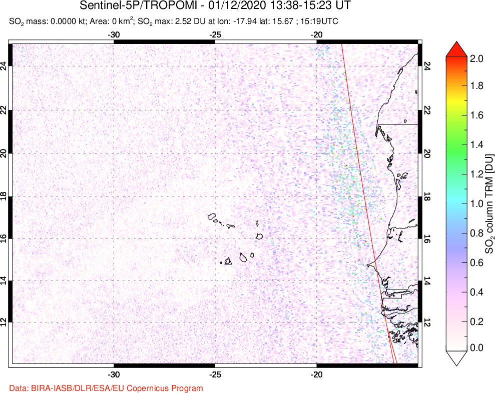 A sulfur dioxide image over Cape Verde Islands on Jan 12, 2020.