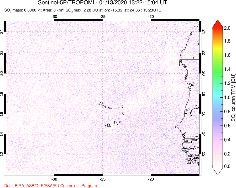 A sulfur dioxide image over Cape Verde Islands on Jan 13, 2020.