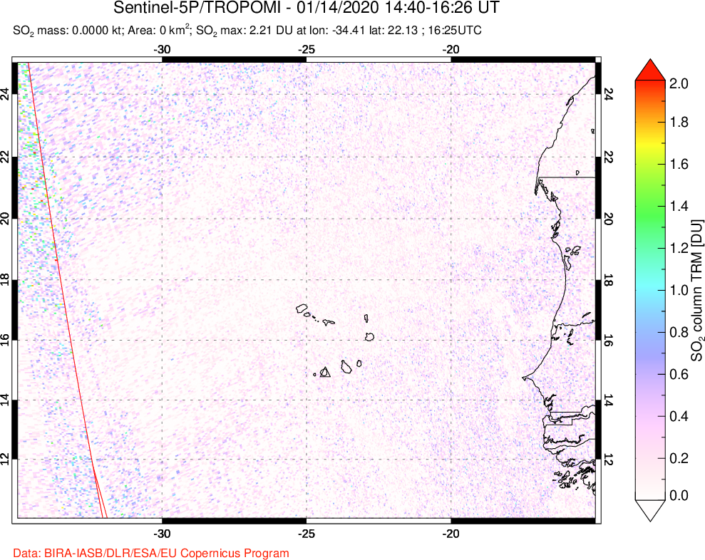 A sulfur dioxide image over Cape Verde Islands on Jan 14, 2020.