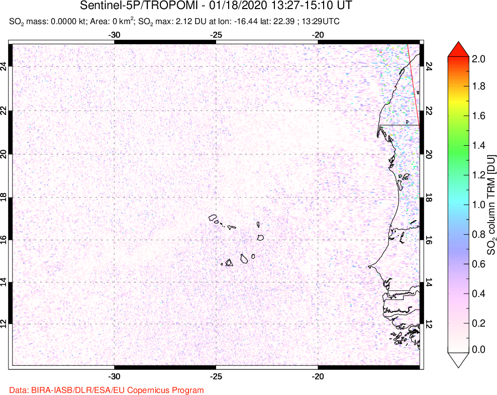 A sulfur dioxide image over Cape Verde Islands on Jan 18, 2020.