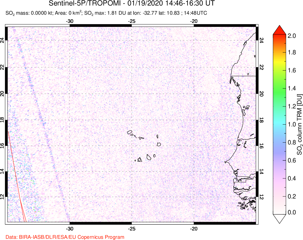 A sulfur dioxide image over Cape Verde Islands on Jan 19, 2020.
