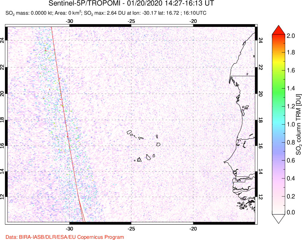 A sulfur dioxide image over Cape Verde Islands on Jan 20, 2020.