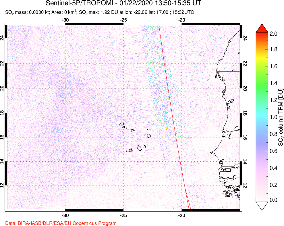 A sulfur dioxide image over Cape Verde Islands on Jan 22, 2020.